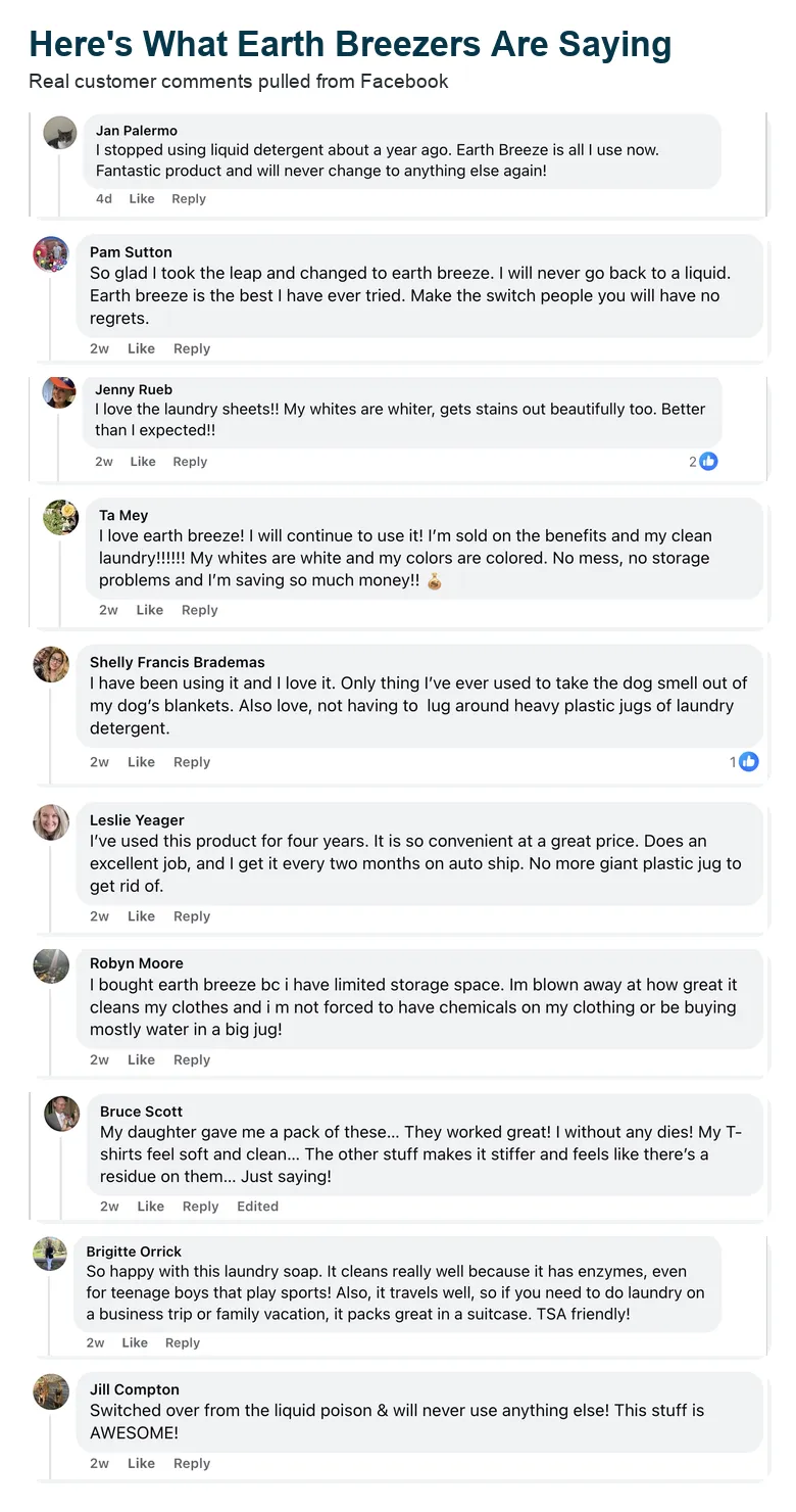 Real customer comments from Facebook praising Earth Breeze