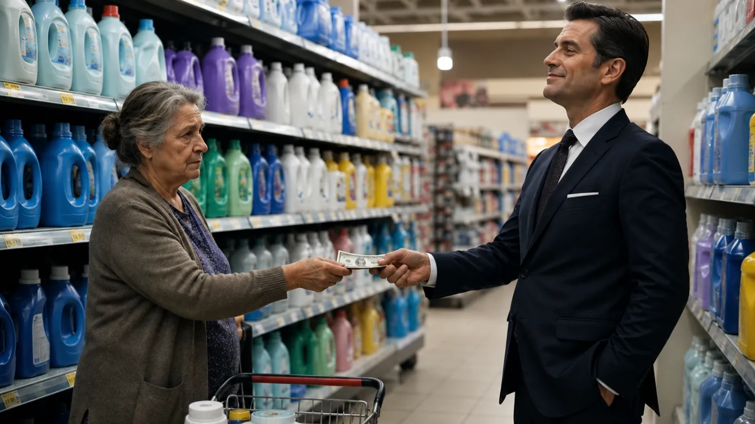 Corporate laundry aisle cash grab illustration