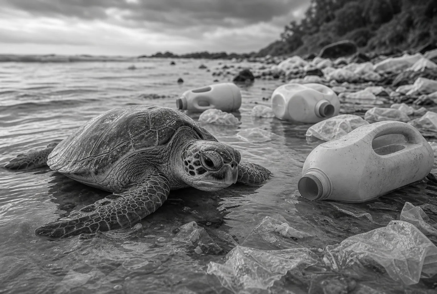 A sea turtle beside plastic detergent jugs washed up on a beach